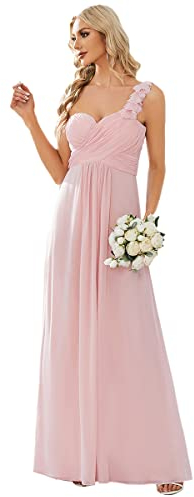 Ever-Pretty Robe de Soirée Asymétrique Longue Femme pour Mariage Plissée en Mousseline Fluide Une Bretelle à Fleurs 42 Rose