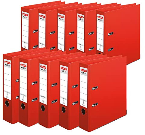 herlitz Ordner A4 maX.file protect +, A4, 8 cm Rückenbreite, Rot, Kunststoffbeschichtung, Einsteckrückenschild, Kantenschutz innen und außen, 10 Stück