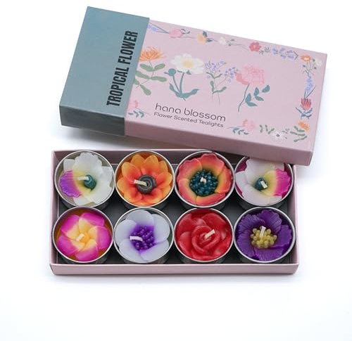 Hana Blossom Mixed 8 Handmade Fairtrade Scented Candles Flower Tealight Candles in Different Designs and Colors Gift Set, Multicolor