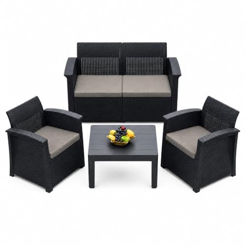 Relaxdays Gartenmöbel Set, 4-teilige Rattan Sitzgruppe, 4 Personen, schwarz | Bank, Sessel & Tisch, Loungemöbel, outdoor