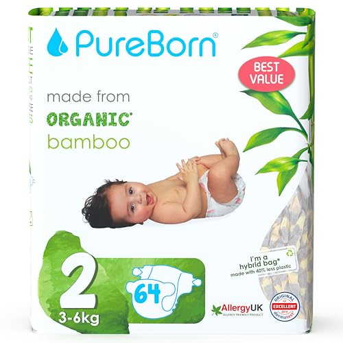 PureBorn 64 Windeln Größe 2 (3-6 kg) – Ultra-Saugfähig, Hypoallergen, Weich & Sanft für Babys (2-4 Monate) – Dermatologisch Getestet, Auslaufsicher, Umweltfreundlich aus Bambus