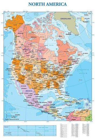 Educational - Bildung Landkarte Nordamerika - Map - Map of North America Bildungsposter Plakat Druck - Maxiposter Version in Englisch - Grösse 61x91,5