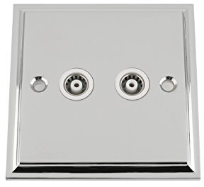 TV Coaxial Aerial Socket Double 2 Gang - Victorian - Polished Chrome - White Insert