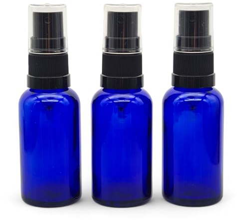 Avalon 30ml Blue Glass Bottles with Black Atomiser Spray ~ Pack of 3 ~ Refillable, Reusable, and Travel Sized ~ Perfect for Aromatherapy, Perfumes, Essential Oils, Aftershaves, and More