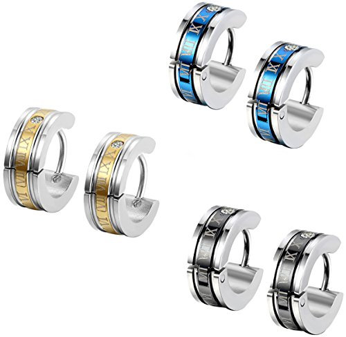 Flongo 3 Paires Boucles d'oreilles pour Homme Femme, Clous d'oreilles Chic Chiffre Romain Couleur Doré Bleu Noir Acier Inoxydable Fantaisie Bijoux Cadeau Anniversaires Noël
