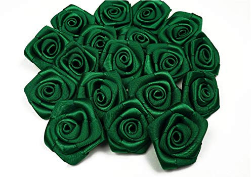 Rosen 3 cm x 10 Stück Satinrosen Aufnäher Deko Blumen Röschen zum Basteln Hochzeit kleine Rosenköpfe Farbe: Dunkel Grün 587