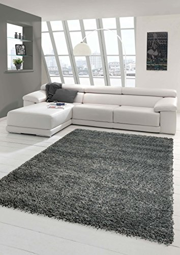 Shaggy Hochflor Langflor Teppich Wohnzimmer Gemustert in Uni Design Grau Größe 80x150 cm