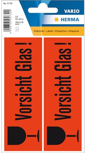 HERMA 5739 Vorsicht Glas Aufkleber, 10 Stück, 39 x 118 mm, selbstklebend, klein, Warnhinweis Etiketten für zerbrechliche Warensendungen, Papier Umzugs-Etiketten, neon leuchtrot