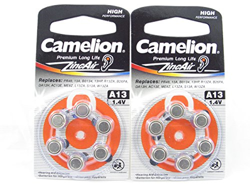 12 Camelion A13 / PR48 / 13A Knopfzelle Zink-Luft für Hörgeräte, 2 x 6-er Pack, Lange Haltbarkeit (Haltbarkeitsdatum markiert)