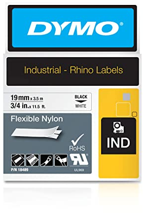DYMO Rhino Industrie Nylonetiketten | flexibel | 19 mm x 3,5 m | schwarze Schrift auf weißem Untergrund | selbstklebendes Schriftband