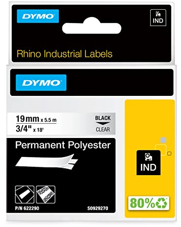 Dymo 622290 Nastri Industriali D1 19 mm x 5.5 m, Poliestere, Nero su Trasparente