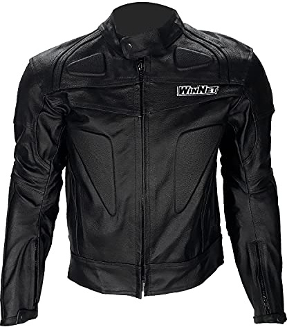 WinNet Giubbotto Giacca in Vera Pelle di Bovino per Moto Impermeabile Antipioggia Antiabrasione Giubbino Motociclista Uomo con Protezioni Omologate CE Estate Inverno (taglia M)