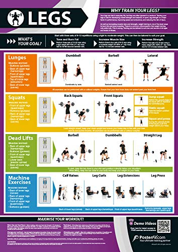 Beinübung, komplettes Beintraining, verbessert das Krafttraining, laminiertes Poster für Fitnessstudio und Zuhause, inklusive Online-Video-Trainingsunterstützung, Größe: 594 mm x 420 mm (A2),