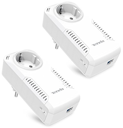Tenda P1001P KIT AV1000 Gigabit Powerline Adapter Kit mit AC Pass Through (Gigabit LAN Ports, HomePlug AV2, QoS, kompatibel mit Adaptern Anderer Marken, 2er Set)