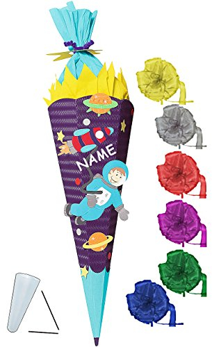 alles-meine.de GmbH BASTELSET Schultüte - Astronaut & Weltraum - 85 cm - incl. Schleife + Name - mit/ohne Kunststoff Spitze - Zuckertüte - Set zum selber Basteln - 6 eckig ..