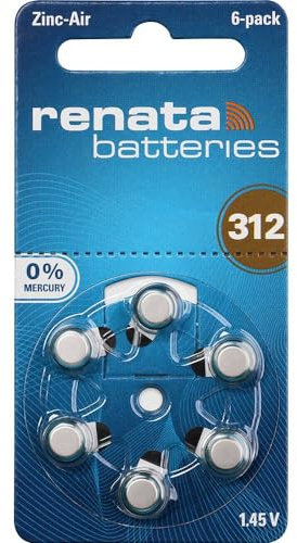 Renata PBZ7308-1 ZA312.DP6 0HG Hearing Aid PR41 - Pila a bottone ZA 312 zinco-aria, 165 mAh, 1,4 V, 6 pezzi