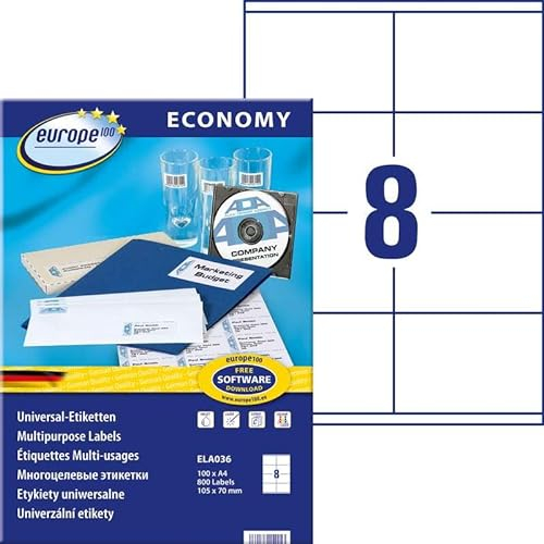 Europe100 Art. ELA036 Universal Etiketten (800 Klebeetiketten, 105x70mm auf A4, Papier matt, individuell bedruckbar, selbstklebende Versandaufkleber, kompatibel zu AVERY 3426) 100 Blatt, weiß