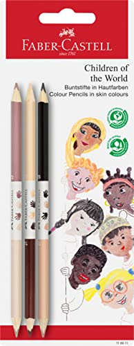 FABER-CASTELL 116511 - Bicolor Buntstifte Children of the World, verschiedene Hautfarben, skin tones, 3er Set