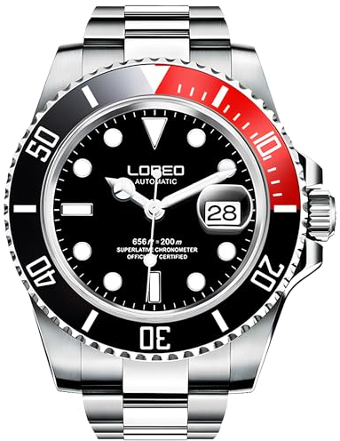 TEINTOP Loreo Uhr Herren Automatik Mechanische mit drehbarer Lünette Stahlband(Schwarz Rot)