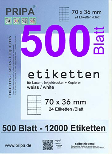 pripa - Amazon FBA Versand Etiketten 70,0 x 36,0 mm - 24 Stueck auf A4 - Maxipack 500 Blatt DIN A4 selbstklebende Etiketten DHL Post
