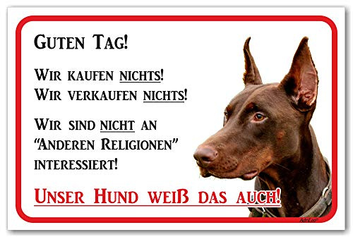 AdriLeo Schild - Vorsicht brauner Dobermann - Wir kaufen nichts - (20x30cm) / Achtung Hund Wachhund deutscher Hund robust langlebig UV-beständig wetterfestes Warnschild