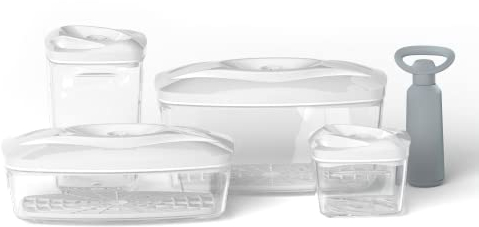 Dafi Boite Sous Vide Alimentaire SeeYoo, Lot de 4 pcs, Blanche - Pompe incluse, sans BPA, Anti-fuite - Prolongation de la durée de conservation - Recipient Sous Vid - 0,5 L + 1,3 L + 1,5 L + 2,7 L