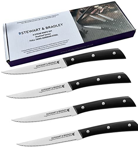 STEWART & BRADLEY Steak Knives Set of 4, Full Tang, Premium German Steel #4028, Razor Sharp Stainless Steel Steak Knives, Lightweight 5 Inch Serrated Blade, Steak Knife Set for Every Use