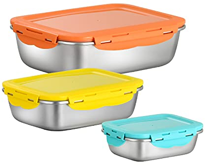 DONGS Set of 3 Stainless Steel Food Storage Containers with Lids, Leak-Proof Meal Prep Containers, Metal Storage Bowl Set, Oven, Freezer, Dishwasher Safe, 2900ml