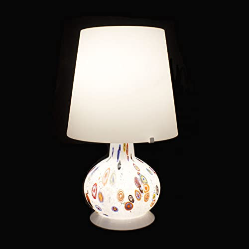 Lámpara de mesa Murano Alice – Manchas blancas nubes y murrine multicolor – 36 x 20 cm | Table lamp Murano Alice