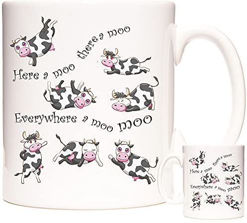 Cow Gift Coffee Mug with Moo Here and There. 11oz Ceramic Gift Mug for Dairy Farmers and Cow Keepers