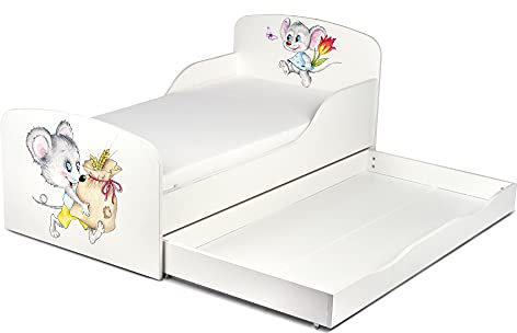 Leomark Einzelbett aus Holz mit Matratze, Kinderbett mit Schubladen für Bettwäsche, Stauraum, Holzbett + Lattenrost, Komplett Set, Liegefläche 70/140 cm, UV-Druck (Glückliche Mäuse)