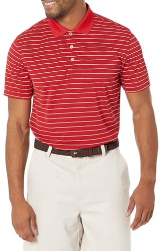 Amazon Essentials Men's Golf Polo Shirt, Short Sleeve, Slim-Fit, Quick-Dry, Red White Stripes, L
