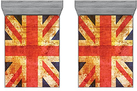 ABAKUHAUS England 2er-Satz Spannbetttuch, Union Jack Motiv Grunge, Soft Dekorativer Stoff Bettwäsche Rund-um Elastischer Gummizug, 135 cm x 190 cm, Night Blue Vermilion