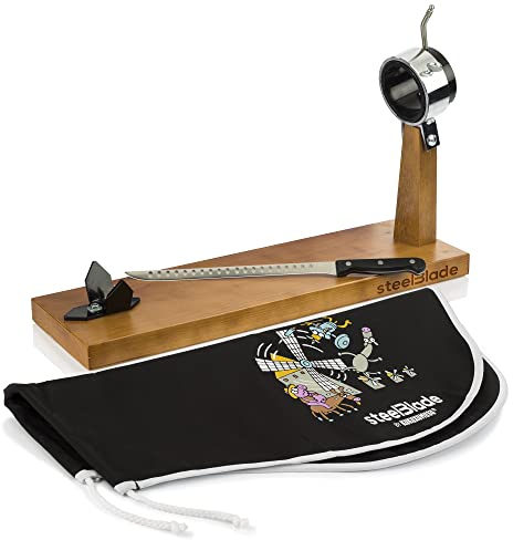 steelBlade - Jamonero Giratorio 360º Madera Lacada + Cubre jamón Kukuxumusu + Cuchillo Jamonero 28 cm - Fabricado en España - 2 Posiciones para Jamones y Paletas (011132)