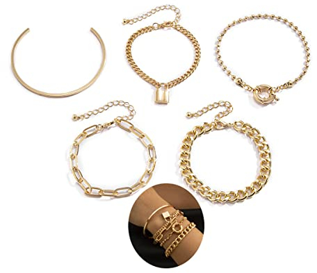 Bufenia Metal Punk Bracelet Gold Simple Mash up Bracelets Chain Sets Glossy Bangle Hand Jewelry Accessories for Women and Girls