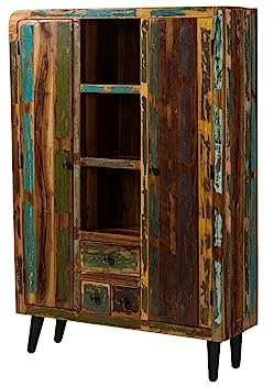 MASSIVMOEBEL24.DE | Sixties Highboard aus Massivholz #108 | Altholz - Mehrfarbig, lackiert | mit Türen + Schubladen + offene Fächer | 115 x 40 x 170 cm | Wohnzimmerschrank