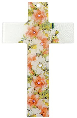 Glaskreuz modern Motiv Blumen bunt Silberglitzer Strasssteine Handarbeit 21 x 13,5 cm Wandkreuz Schmuckkreuz Kruzifix Unikat