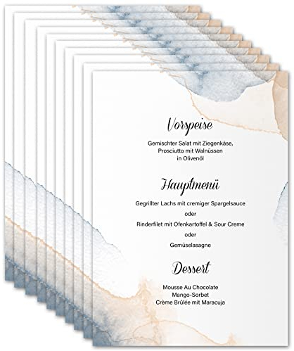 Menükarten Hochzeit zum Bedrucken DIN A5 - Blanko Speisekarten Getränkekarten individuell anpassbar für verschiedene Anlässe (10x Stück, Aquarell)