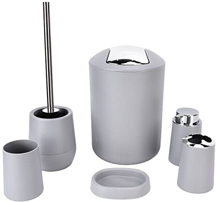 6-teiliges Badezimmer-Accessoires-Set, Badausstattung Sets,Bad-Toilettenbürsten-Set, Seifenspender, Abfalleimer, Zahnbürstenhalter, Seifenablage, Mundwasserbecher für Einzugsgeschenk(Grau)