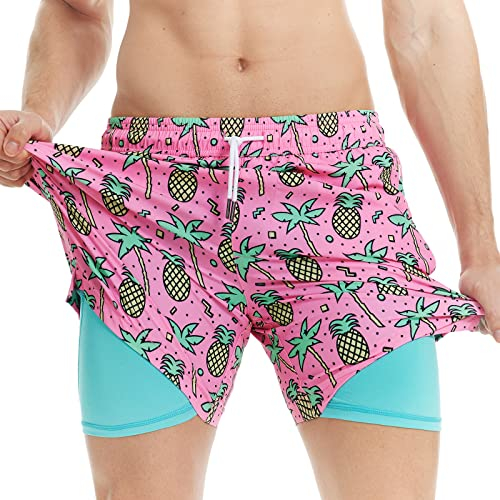 MaaMgic Maillot de Bain pour Hommes avec Compression Short de Bain 2 en 1 | 5.5 Séchage Rapide Short de Natation décontracté Boardshorts avec Pantalon intérieur et Poche,Ananas Rose Coco,M