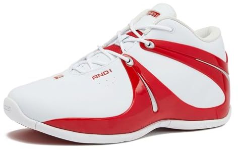 AND1 Rise Herren Basketballschuhe Sneakers für Indoor Outdoor Street Court Größe 40 bis 50, Weiß/Rot/Silbergrau, 11.5 Women/10 Men