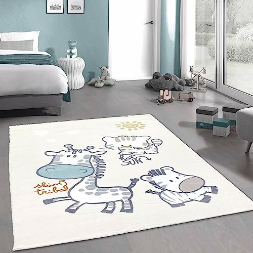 CARPETIA Spielzimmer-Teppich in Cream mit Zootieren | super weich & pflegeleicht 120 x 170 cm