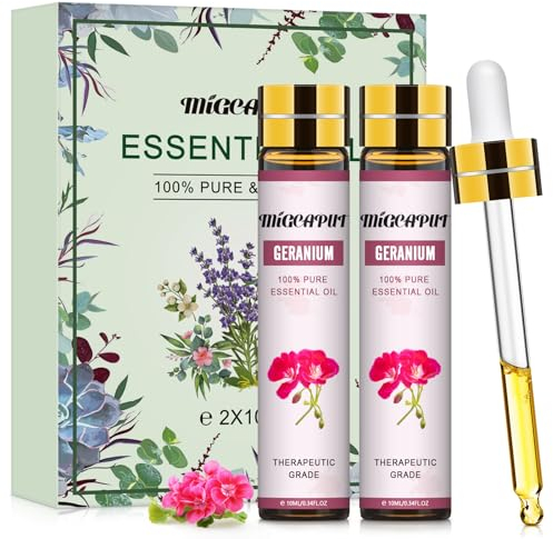 MIGCAPUT Aceite Esencial de Geranio 2 x 10ML, 100% Puro Natural Aceites Esenciales de Aromaterapia de Grado Terapéutico, Set de Aceites Esenciales para Humidificador Difusor, SPA, Masaje, Jabón