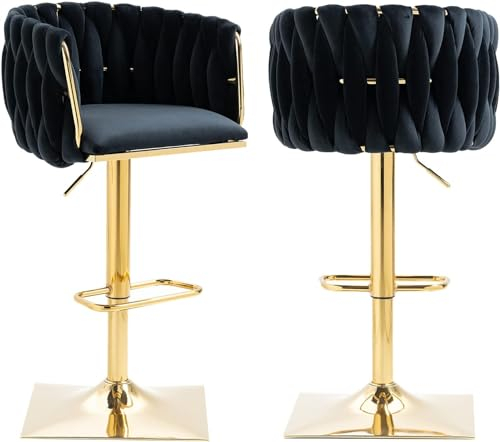SUPPNEED Barstuhl,Samt Barhocker 2er Set,Verstellbare Barstühle, Drehbar Küchenhocker mit Fassrücken für Küche und Hausbar,Schwarz