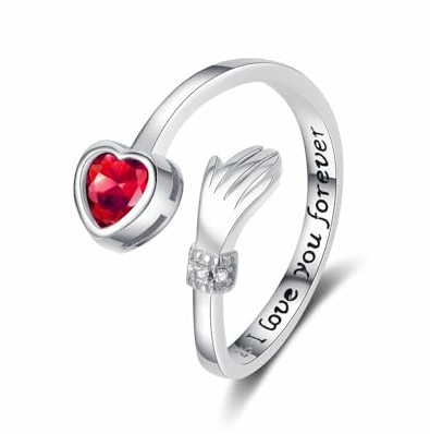 TOFBS Ringe Damen I Love You Forever Umarmungsringe 925 Sterling Silber Vergoldet Verstellbar Gravierte Worte Zirkonia Ring Freundschaftsringe Geschenk Frauen Mädchen Rot