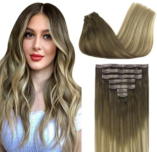 GOO GOO Nahtlose Clip in Extensions Echthaar, Echthaar Extensions Clip, 45cm 110g 7pcs, Extensions Echthaar, Haarverlängerung Echthaar, 3/8/613 Ombre Blond