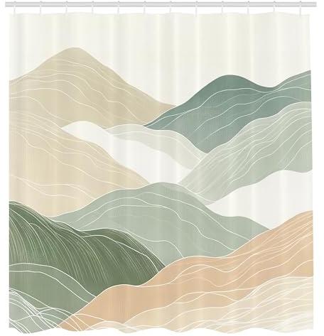 ABAKUHAUS Neutral Duschvorhang, Abstrakte Bleistiftmalerei der Berge Harmonische Pastelltöne, Stoffliches Gewebe Badezimmerdekorationsset mit Haken, 175 x 200 cm, Beige Ecru Grün