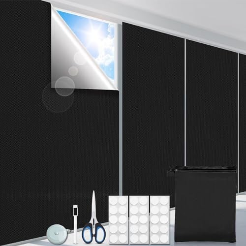 Fenster Verdunkelung,Fenster Verdunklungsstoff 300x145cm Verdunklungsrollo 100% Lichtundurchlässig Blackout Rollos, Ohne Bohren Tragbare Reise Verdunkelungsrollo inkl Nano-Klebebänder, Freischnitt