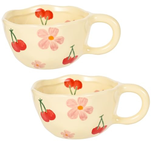 MAKCNMYM Keramik-Kaffeetasse, Vintage-Blumenbecher, 237 ml, niedliche Blumen-Kaffeetassen, unregelmäßige Latte-Kunst-Tasse, bleifrei, Porzellantassen für Cappuccino, Kakao (2 Stück, rosa Kirsche)