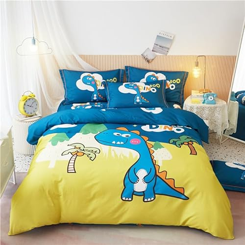 ZZTBQ Niedlich Cartoon Dinosaurier Kinderbettwäsche 100x135 Baby Bettwäsche Dunkel Blau Gelb Cartoon Dino Bettbezug und Kissenbezug-Set Baby Bettwäsche Set für Kleinkinder und Babybetten